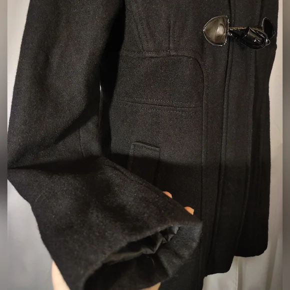 Guess Wool Pea Coat, Women Hooded, Black ButtonUp Pockets, Collar, Lining, S/M - Picture 10 of 15